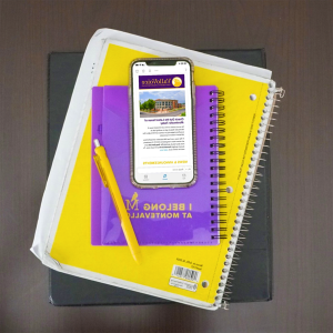 紫色和金色的笔记本，配有一支金笔和一部手机.